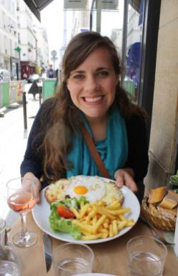 Enjoying a Croque Madame in Paris - if you look closely, you'll see the Eiffel Tower behind me!